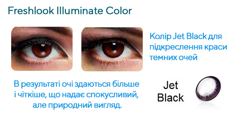 Контактні лінзи FRESHLOOK ILLUMINATE колір Jet Black для підкреслення краси темних очейВ результаті очі здаються більше і чіткіше, що надає спокусливий, але природний вигляд.